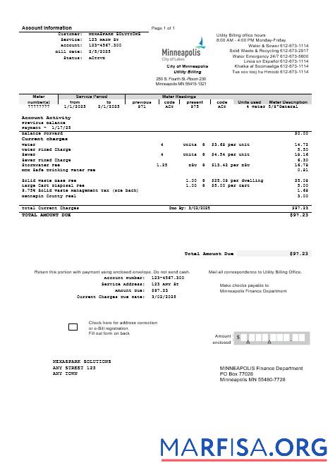Blank USA Minnesota Minneapolis City of Lakes business utility bill template in Word and PDF formats